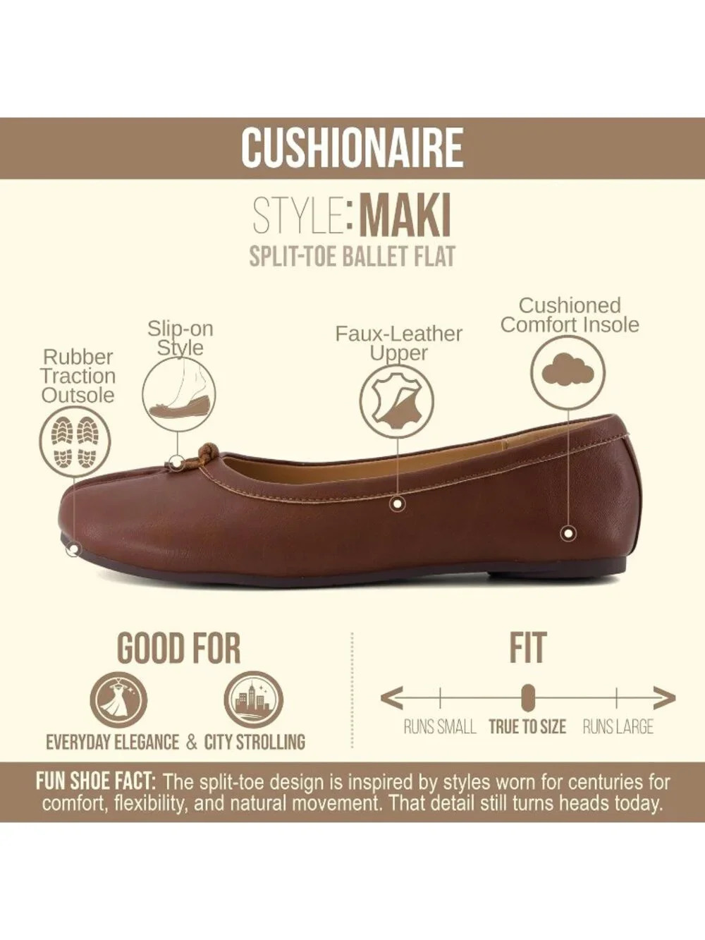 Women's Brown Rubber Split Toe Ballet Flats Flexible Sole Comfort Slip On Shoes